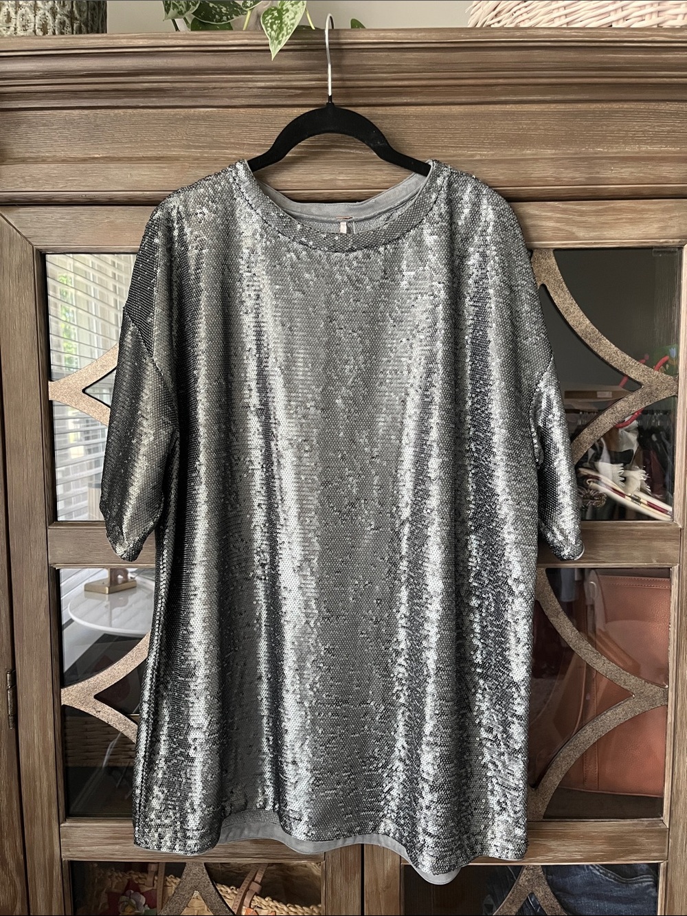 Free People Silver Sequin Oversized Short Sleeve Tee